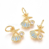 Brass Charms, with Micro Pave Cubic Zirconia, Enamel and Jump Rings, Starfish with Scallop, Clear & Sky Blue, Golden, 10x8x2mm, Hole: 3.2mm(ZIRC-L070-79G)
