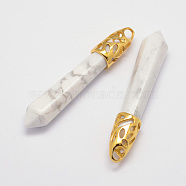 Natural Howlite Big Pointed Pendants, with Alloy Findings, Bullet, Golden, 57~63x13x10mm, Hole: 3x4mm(G-D860-C05-G)