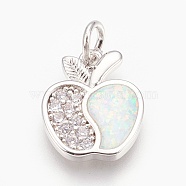 Brass Micro Pave Cubic Zirconia Pendants, with Synthetic Opal, Apple, White, Platinum, 16x13x2mm, Hole: 4mm(KK-O107-24P-A)