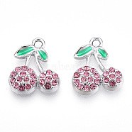 Rack Plating Alloy Pendants, with Rhinestone, Cherry, Light Rose, 16.5x14x3.5mm, Hole: 1.8mm(FIND-N005-21P-B)