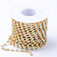 Brass Rhinestone Strass Chains, with Spool, Rhinestone Cup Chains, Raw(Unplated), Nickel Free, Crystal AB, 3.5mm, about 10yards/roll(CHC-T002-SS16-02C)