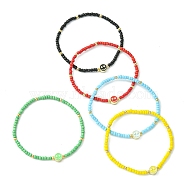 5Pcs 5 Colors Glass Seed Beads Beaded Stretch Bracelets Sets, Smiling Face Beads Bracelets for Women, Mixed Color, Inner Diameter: 2-1/8 inch(5.5cm), 1pc/color(BJEW-TA00322)