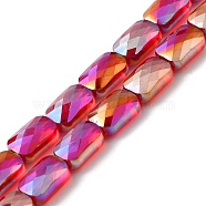 Transparent Electroplate Glass Beads Strands, Rainbow Plated, Faceted, Rectangle, Dark Red, 9x6x4mm, Hole: 1.2mm, about 72pcs/strand, 25.98''(66cm)(EGLA-I017-03-AB01)