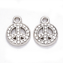 Tibetan Style Alloy Pendants, Flat Round with Peace Sign, Cadmium Free & Nickel Free & Lead Free, Antique Silver, 17x13x2mm, Hole: 2mm, about 875pcs/1000g(TIBEP-S319-079AS-NR)