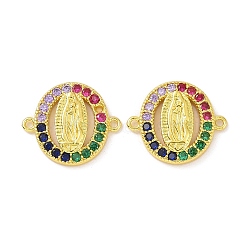 Real 18K Gold Plated Brass Micro Pave Colorful Cubic Zirconia Connector Charms, Religion Oval Links, Virgin, 13.5x16x2mm, Hole: 1.1mm(KK-L209-057G-03)