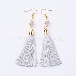 Ice Silk Thread Tassel Dangle Earrings, with Glass Beads and Brass Earring Hooks, Golden, WhiteSmoke, 93mm, Pin: 0.6mm, Pendant: 75x8mm(EJEW-P142-A01)