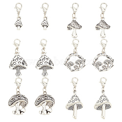 30Pcs 6 Styles Tibetan Style Alloy Mushroom Pendant Decoration, with Lobster Claw Clasps, Antique Silver & Platinum, 26~42mm, 5pcs/style(HJEW-AB00465)
