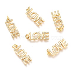Brass Micro Pave Clear Cubic Zirconia Pendants, with Jump Rings, Word Love, Real 18K Gold Plated, 18.6x7x1.9mm, Hole: 2.4mm(ZIRC-O036-50G)