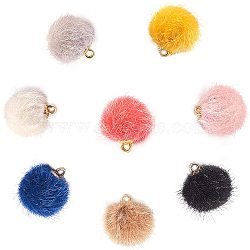 Faux Mink Fur Covered Pendants, with Golden Tone Brass Findings, Round, Mixed Color, 17x14~15mm, Hole: 2mm(WOVE-PH0001-07)