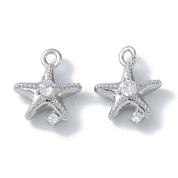 Ocean Collection Theme Jewelry, Brass Micro Pave Cubic Zirconia Pendant, with Glass, Real Platinum Plated, Starfish, 14x11x5mm, Hole: 1.2mm(KK-H482-18C-P)