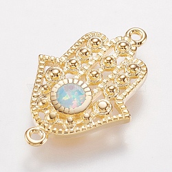 Brass Links connectors, with Synthetic Opal, Hamsa Hand/Hand of Fatima/Hand of Miriam, Golden, White, 20x13x2mm, Hole: 1mm(KK-I613-16G-03)