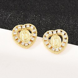Brass Micro Pave Clear Cubic Zirconia Stud Earrings, Heart with Virgin Mary, Long-Lasting Plated, Rack Plating, Lead Free & Cadmium Free, Real 18K Gold Plated, 11x11mm(EJEW-F405-17G)