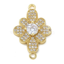 Rack Plating Brass Clear Cubic Zirconia Flower Connector Charms, Long-Lasting Plated, Lead Free & Cadmium Free, Real 18K Gold Plated, 24.5x16.5x4mm, Hole: 1.6mm(KK-A234-071G)