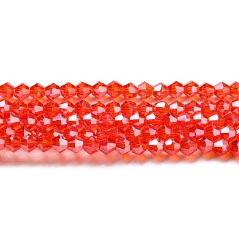 Transparent Electroplate Glass Beads Strands, Pearl Luster Plated, Faceted, Bicone, Red, 4x4mm, Hole: 0.8mm, about 82~85pcs/strand, 12.01~12.2 inch(30.5~31cm)