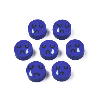 Handmade Polymer Clay Beads, Flat Round with Expression, Medium Blue, 9~10x4~5mm, Hole: 1.6mm