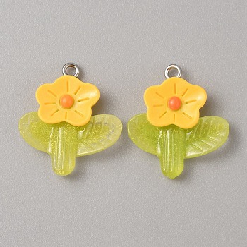 Translucent Resin Pendants, Glitter Flower Charms with Platinum Tone Iron Loops, Gold, 25x22.5x5.5mm, Hole: 2mm