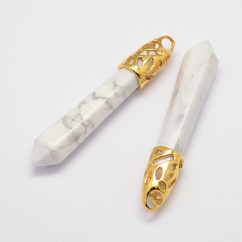 Natural Howlite Big Pointed Pendants, with Alloy Findings, Bullet, Golden, 57~63x13x10mm, Hole: 3x4mm