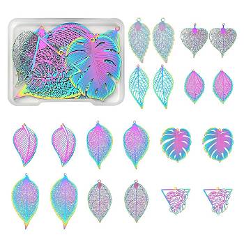 20Pcs 10 Styles Ion Plating(IP) 201 Stainless Steel Filigree Pendants & Big Pendants, Etched Metal Embellishments, Leaf, Rainbow Color, 32~64x22~34x0.2mm, Hole: 1~2.5mm, 2pcs/style