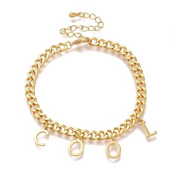 Letter COOL Brass Charm Bracelets for Women, Real 18K Gold Plated, 6-3/4 inch(17.2cm)