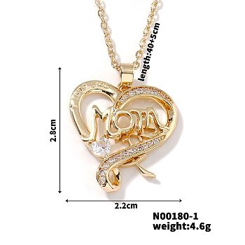 Simple and Elegant Brass Pave Clear Cubic Zircon Mom Heart Pendant Necklaces for Mother's Day, Golden, 15.75 inch(40cm)