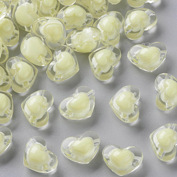 Transparent Acrylic Beads, Bead in Bead, Heart, Light Yellow, 13x17x9.5mm, Hole: 2.5mm, about 420pcs/500g