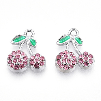 Rack Plating Alloy Pendants, with Rhinestone, Cherry, Light Rose, 16.5x14x3.5mm, Hole: 1.8mm