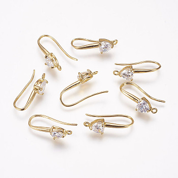 Brass Cubic Zirconia Earring Hooks, Real 18K Gold Plated, 22~29x6.5x4mm, Hole: 1mm, Pin: 0.7mm