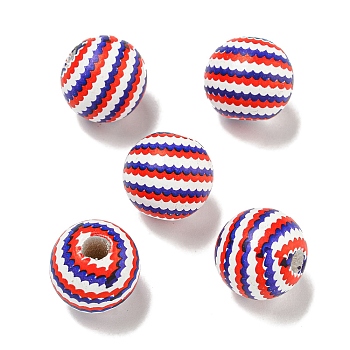 Printed Wood European Beads, Round, USA Flag Style, Red, 15.5~16mm, Hole: 4~4.5mm