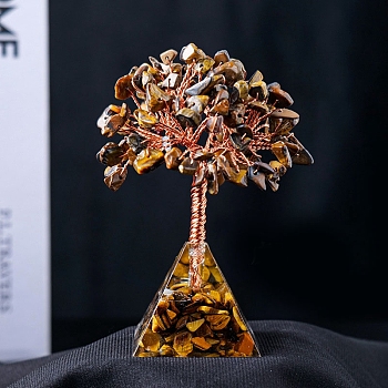 Natural Tiger Eye Chips Tree Decorations, Resin & Gemstone Chip Pyramid Base with Copper Wire Feng Shui Energy Stone Gift for Home Office Desktop Decorations, 95x40mm