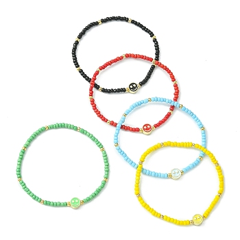 5Pcs 5 Colors Glass Seed Beads Beaded Stretch Bracelets Sets, Smiling Face Beads Bracelets for Women, Mixed Color, Inner Diameter: 2-1/8 inch(5.5cm), 1pc/color