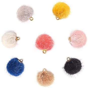 Faux Mink Fur Covered Pendants, with Golden Tone Brass Findings, Round, Mixed Color, 17x14~15mm, Hole: 2mm