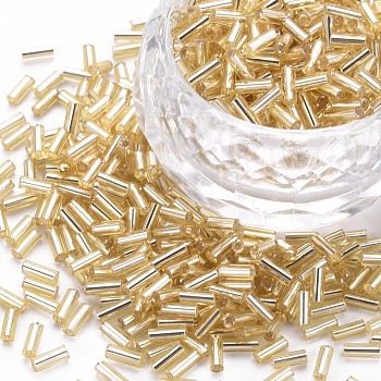 Plated Glass Bugle Beads, Metallic Colours, Pale Goldenrod, 4x2mm, Hole: 1mm, about 14000pcs/Pound