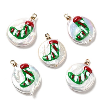 Baroque Style Natural Keshi Pearl Pendants with Enamel, Christmas Flat Round Charms with Golden Tone Brass Pendant Bails, Seashell Color, Christmas Socking, 21~23x16~17.5x4~7.5mm, Hole: 1.2mm