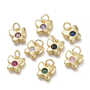 Brass Micro Pave Cubic Zirconia Pendants, with Jump Rings, Butterfly, Real 18K Gold Plated, Mixed Color, 9x10x2mm, Hole: 3.6mm