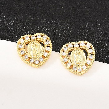 Brass Micro Pave Clear Cubic Zirconia Stud Earrings, Heart with Virgin Mary, Long-Lasting Plated, Rack Plating, Lead Free & Cadmium Free, Real 18K Gold Plated, 11x11mm
