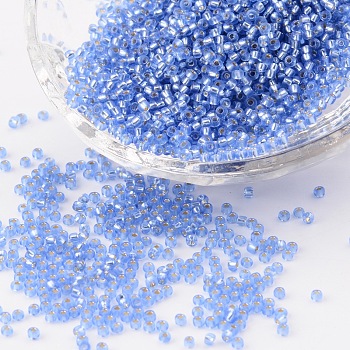 8/0 Grade A Round Glass Seed Beads, Silver Lined, Cornflower Blue, 8/0, 3x2mm, Hole: 1mm, about 10000pcs/pound