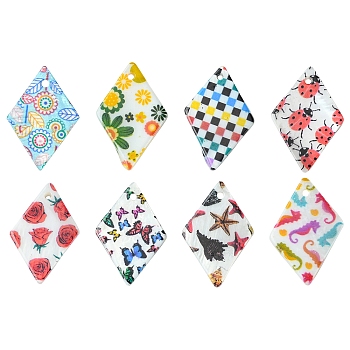 16Pcs 8 Colors Natural Freshwater Shell Pendants, Printed Rhombus Charms, Mixed Color, 21x14x2mm, Hole: 1.2mm, 2pcs/color