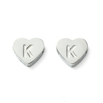 Tarnish Resistant 316L Surgical Stainless Steel Beads, Love Heart with Letter Bead, Stainless Steel Color, Letter K, 5.5x6.5x2.5mm, Hole: 1.4mm