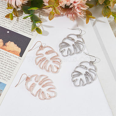 4 Pairs 2 Colors Alloy Hollow Out Monstera Leaf Dangle Earrings for Women(EJEW-AN0001-18)-7