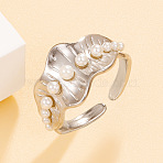 304 Stainless Steel Imitation Pearl Cuff Open Rings for Women, Wavy Edge Rings, Stainless Steel Color, 17mm(WGD29C9-01)