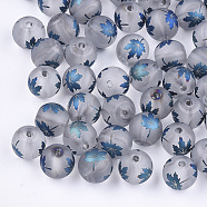 Autumn Theme Electroplate Transparent Glass Beads, Frosted, Round with Maple Leaf Pattern, Steel Blue, 8~8.5mm, Hole: 1.5mm(EGLA-S178-01C)