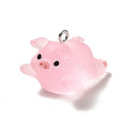 Translucent Resin Pendants, Pig Charm, with Platinum Tone Iron Findings, Pearl Pink, 19x18x26mm, Hole: 2mm(X-RESI-E031-01P-06)