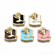 Rack Plating Alloy Enamel Pendants, Cadmium Free & Lead Free, Light Gold, Rectangle with Rose, Mixed Color, 21.5x19x6mm, Hole: 1.6mm(ENAM-N060-17-LG)