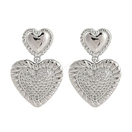 Rack Plating Brass Heart Stud Earrings for Women, with Clear Cubic Zirconia, Long-Lasting Plated, Stainless Steel Color, 30.5x20mm(EJEW-D280-06P)