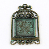 Birdcage with Square Zinc Alloy Pendant Cabochon Settings, Cadmium Free & Nickel Free & Lead Free, Antique Bronze & Green Patina, 48x29x2.5mm, Tray: 20x20mm(PALLOY-R065-095-FF)