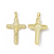 Rack Plating Eco-friendly Brass Pendants, Micro Pave Clear Cubic Zirconia, Long-Lasting Plated, Lead Free & Cadmium Free, Religion Crucifix Cross Charm, Real 18K Gold Plated, 37x23x4.5mm, Hole: 4x3mm(KK-B065-09G)