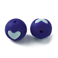 Food Grade Eco-Friendly Silicone Beads, Chewing Beads For Teethers, DIY Nursing Necklaces Making, Round with Heart, Dark Blue, 14.5~15mm, Hole: 2mm(SIL-TAC0007-02E)