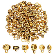 180Pcs 6 Style Tibetan Style Alloy Tube Bails, Loop Bails, Bail Beads, Barrel & Column & Ring, Antique Golden, 7~13x6~8x3~7.5mm, Hole: 5mm, Inner Diameter: 2.7~5mm, 30Pcs/style(FIND-HY0002-02)
