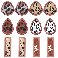 SUPERFINDINGS 12Pcs 6 Style Eco-Friendly Cowhide Leather Big Pendants, with Dyed Wood, Mixed Shape with Leopard Print, Mixed Color, 41~56x19~37.5x3~4mm, Hole: 1.2mm, 2pcs/style(FIND-FH0004-31)