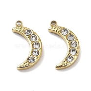Ion Plating(IP) 304 Stainless Steel Charms, with Crystal Rhinestone, Moon Charm, Real 18K Gold Plated, 14x7x2mm, Hole: 1.2mm(STAS-Q254-05G)